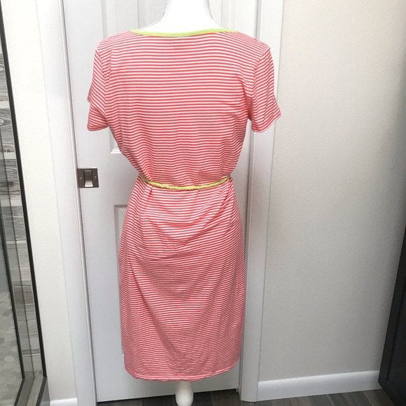 HPx2 🎉 LANDS END Coral/White Nautical Striped Knit Dress Neon Trim M - Picture 4 of 8